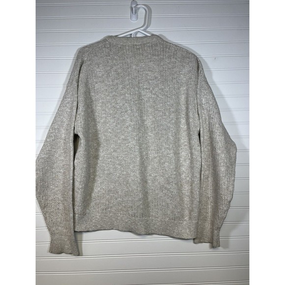 Vintage 70s LL Bean Mens Large Cotton Rayon Jute Knit V-Neck Sweater Tan USA - Picture 2 of 8